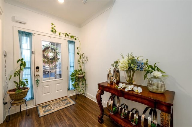 entryway featuring crown molding and dark wood-type flooring