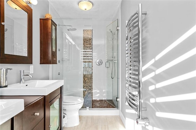 bathroom featuring a shower with door, vanity, and toilet