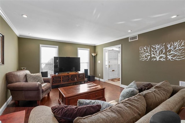 living room featuring ornamental molding and dark wood-type flooring