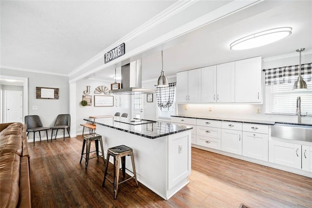 kitchen featuring hanging light fixtures, island exhaust hood, sink, and white cabinetry