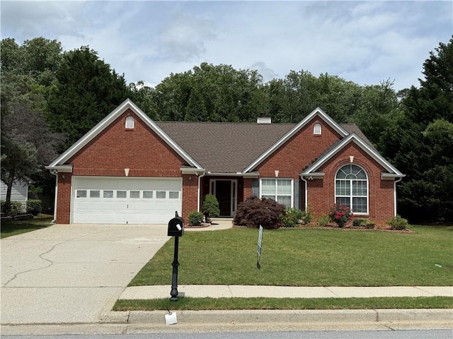 1245 Mulberry Mill Ln, Lawrenceville, GA 30043 - ranch-style house featuring brick siding, a garage, driveway, a front lawn, and a chimney