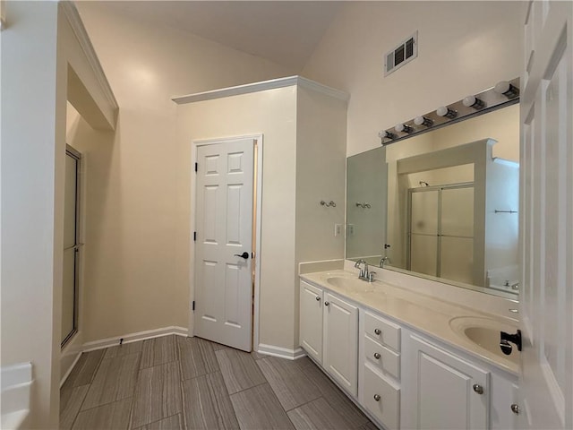 1245 Mulberry Mill Ln, Lawrenceville, GA 30043 - full bath with an enclosed shower, double vanity, and lofted ceiling