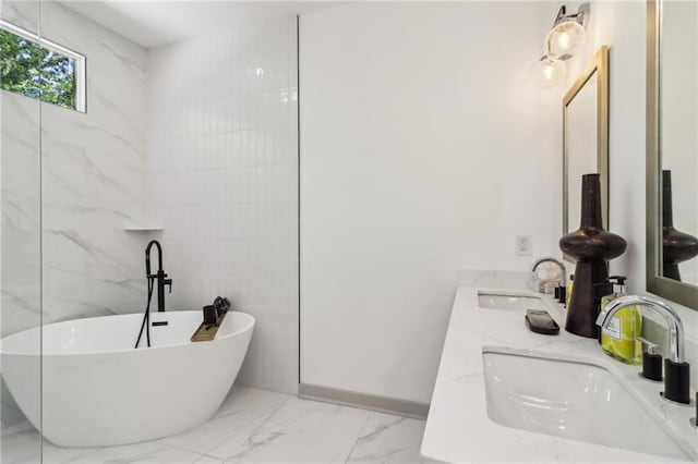 1129 Victory Dr SW, Atlanta, GA 30310 - full bath with marble finish floors, a freestanding bath, and double vanity