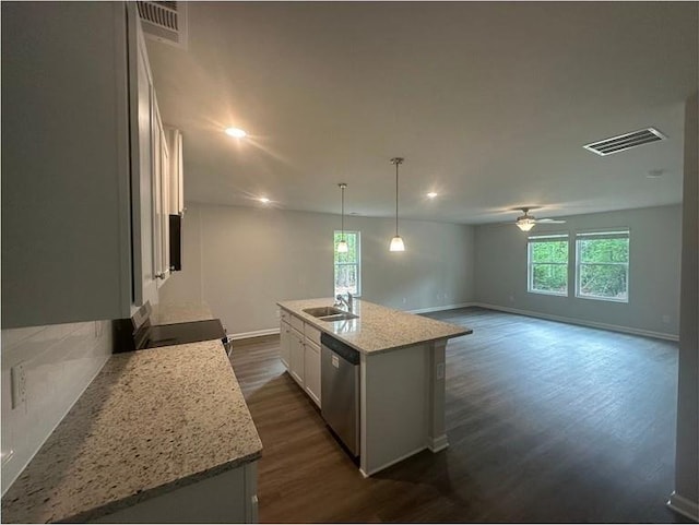 75 Emerald Ln, Covington, GA 30014 - kitchen featuring stainless steel dishwasher, baseboards, dark wood finished floors, a ceiling fan, and white cabinets
