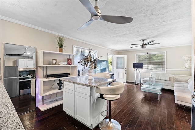 2446 Martin Luther King Jr Blvd, Gainesville, GA 30501 - kitchen featuring stainless steel appliances, open floor plan, a ceiling fan, dark wood finished floors, and crown molding