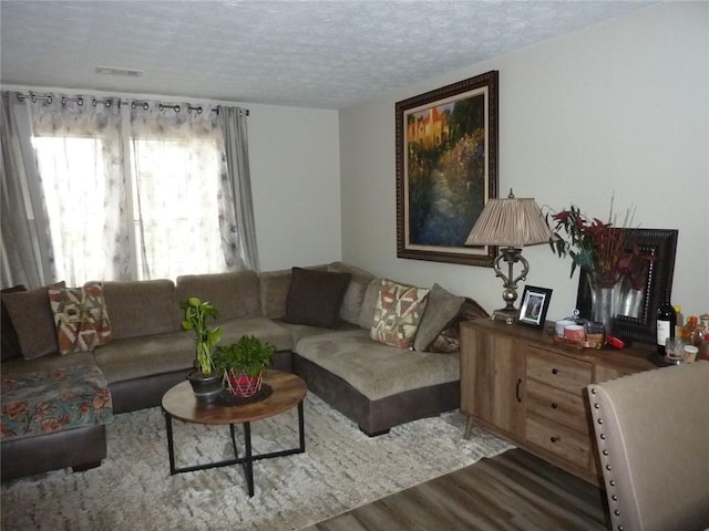 living area with a textured ceiling and wood finished floors