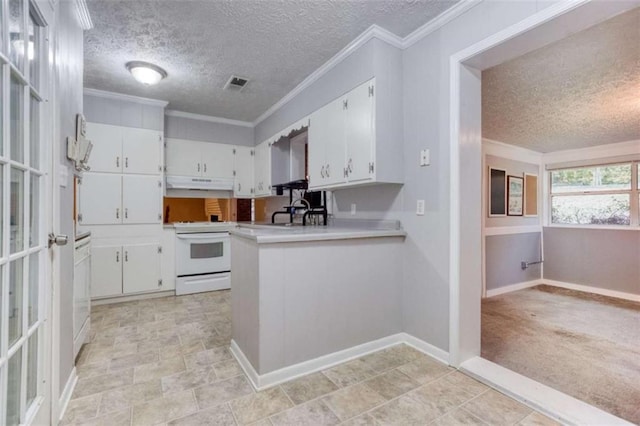 kitchen with white electric range oven, under cabinet range hood, white cabinetry, and crown molding