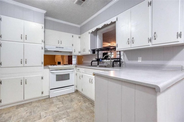 kitchen featuring under cabinet range hood, electric range, a sink, light countertops, and crown molding