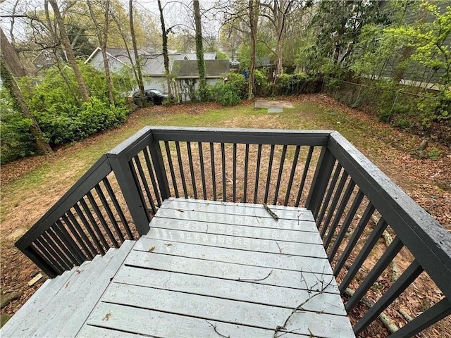 wooden terrace with a fenced backyard and a yard