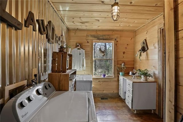 washroom with independent washer and dryer, wooden walls, wood ceiling, and wood-type flooring