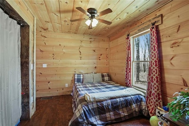 bedroom featuring wooden ceiling, dark wood-type flooring, ceiling fan, and wood walls