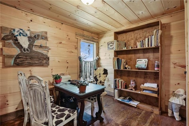 office space with wooden ceiling, wood walls, and wood-type flooring