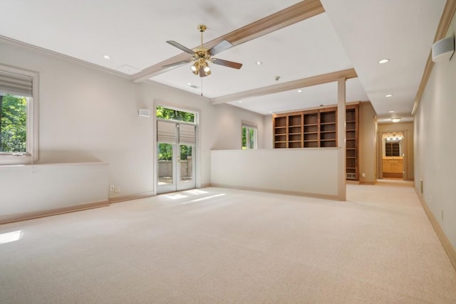 unfurnished room with carpet, recessed lighting, healthy amount of natural light, baseboards, and ceiling fan