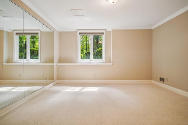 unfurnished room with crown molding, plenty of natural light, carpet, and baseboards