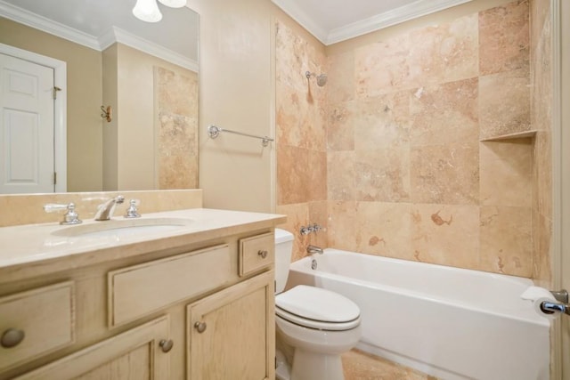 full bathroom with toilet, bathtub / shower combination, vanity, and ornamental molding