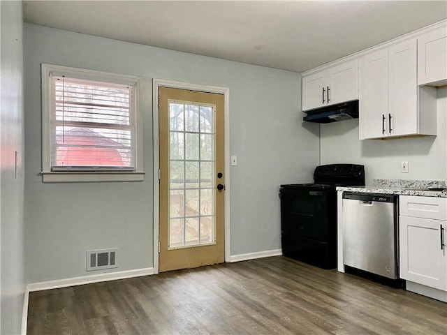 kitchen with dishwasher, black range with electric cooktop, a healthy amount of sunlight, and white cabinetry