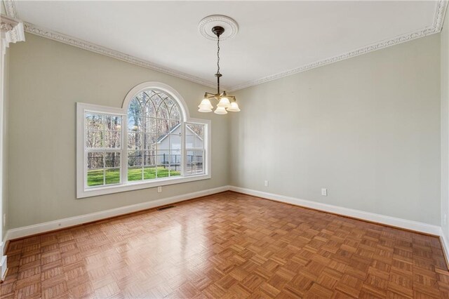 37 Long Branch Way, Dahlonega, GA 30533 - unfurnished room with ornamental molding, baseboards, a notable chandelier, and visible vents