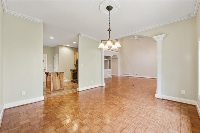 37 Long Branch Way, Dahlonega, GA 30533 - unfurnished dining area with baseboards, a ceiling fan, and arched walkways