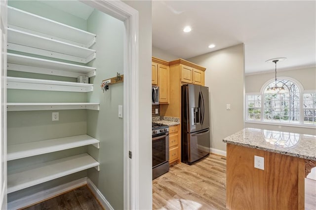 37 Long Branch Way, Dahlonega, GA 30533 - kitchen featuring baseboards, light brown cabinets, stainless steel appliances, light wood-style flooring, and light stone counters