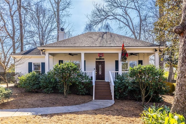 bungalow-style house with ceiling fan and a porch