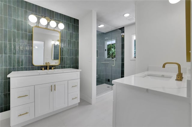 4717 Westhampton Dr, Tucker, GA 30084 - bathroom with vanity, a stall shower, tile walls, tile patterned flooring, and recessed lighting