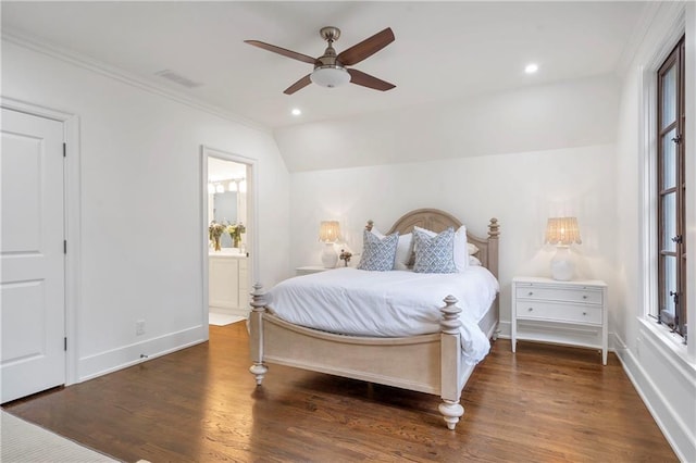 bedroom with lofted ceiling, recessed lighting, visible vents, wood finished floors, and baseboards