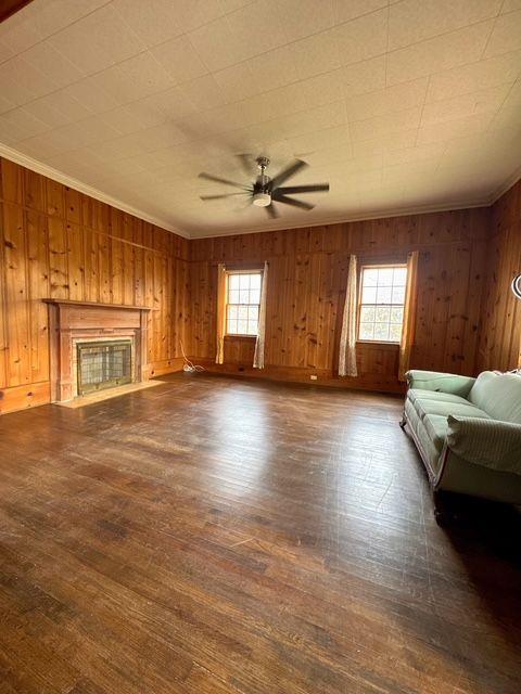 unfurnished living room with wood walls, plenty of natural light, and dark wood-type flooring