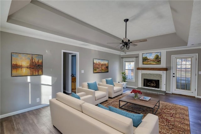 living room featuring a stone fireplace, wood-type flooring, and a raised ceiling