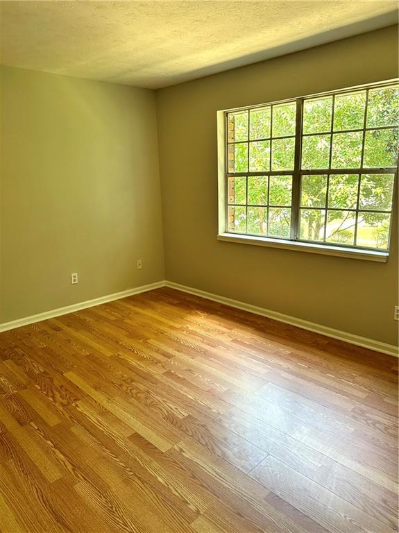 spare room with a textured ceiling, baseboards, a healthy amount of sunlight, and wood finished floors