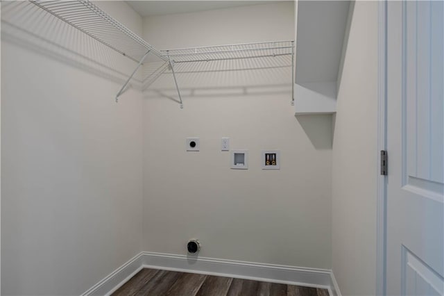 laundry area featuring electric dryer hookup, hookup for a washing machine, and dark hardwood / wood-style flooring