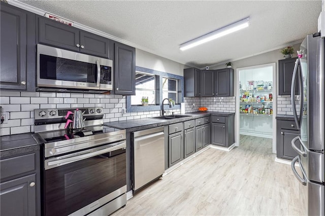 kitchen with tasteful backsplash, sink, light wood-type flooring, stainless steel appliances, and a textured ceiling