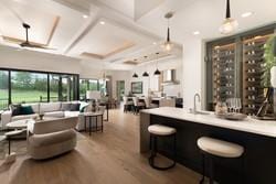 bathroom featuring vanity, hardwood / wood-style floors, and walk in shower