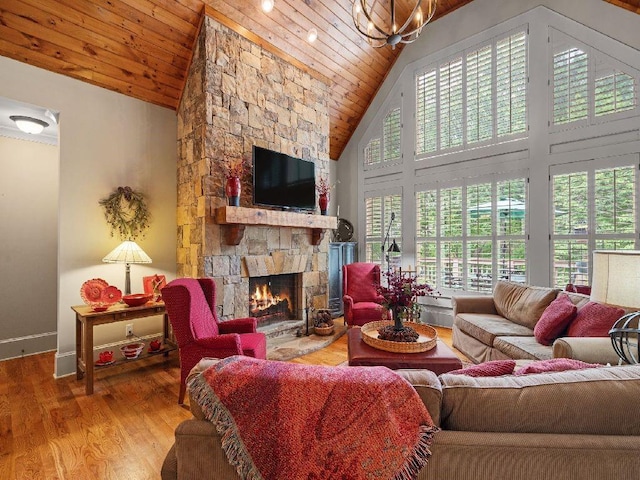 46 Bee Balm Way, Big Canoe, GA 30143 - living area with wood ceiling, plenty of natural light, a fireplace, high vaulted ceiling, and wood finished floors