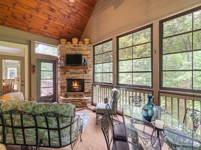 46 Bee Balm Way, Big Canoe, GA 30143 - sunroom / solarium featuring vaulted ceiling, outdoor dining space, an outdoor living space with a fireplace, and wood ceiling