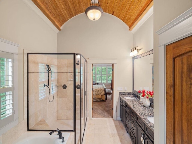 46 Bee Balm Way, Big Canoe, GA 30143 - full bathroom with wood ceiling, lofted ceiling, a shower stall, double vanity, and a garden tub