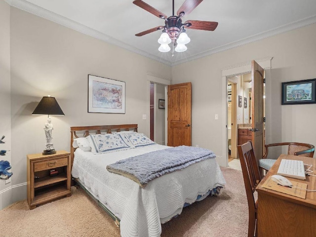 46 Bee Balm Way, Big Canoe, GA 30143 - bedroom with light carpet, ornamental molding, a ceiling fan, and connected bathroom