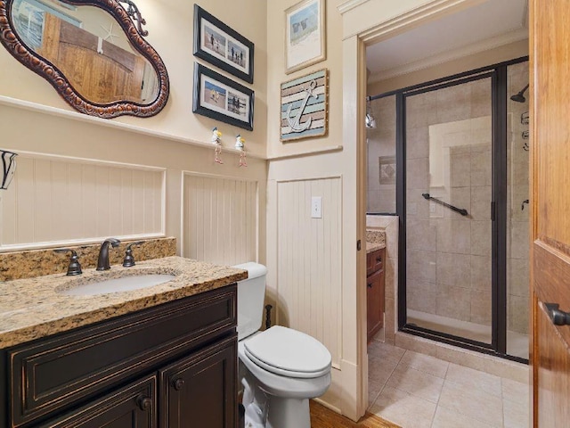 46 Bee Balm Way, Big Canoe, GA 30143 - full bathroom featuring vanity, a shower stall, tile patterned floors, and wainscoting