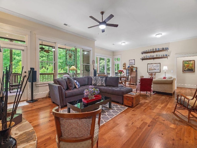 46 Bee Balm Way, Big Canoe, GA 30143 - living room featuring light wood finished floors, a ceiling fan, healthy amount of natural light, and ornamental molding