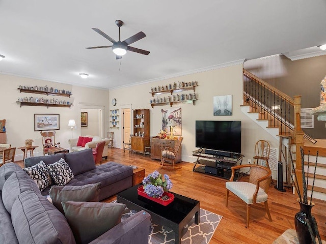 46 Bee Balm Way, Big Canoe, GA 30143 - living room with stairway, ceiling fan, ornamental molding, and wood finished floors