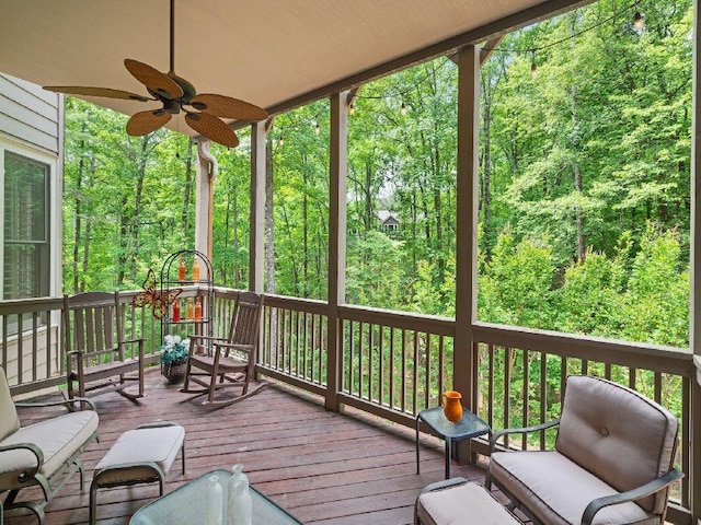 46 Bee Balm Way, Big Canoe, GA 30143 - wooden deck featuring a ceiling fan and a forest view