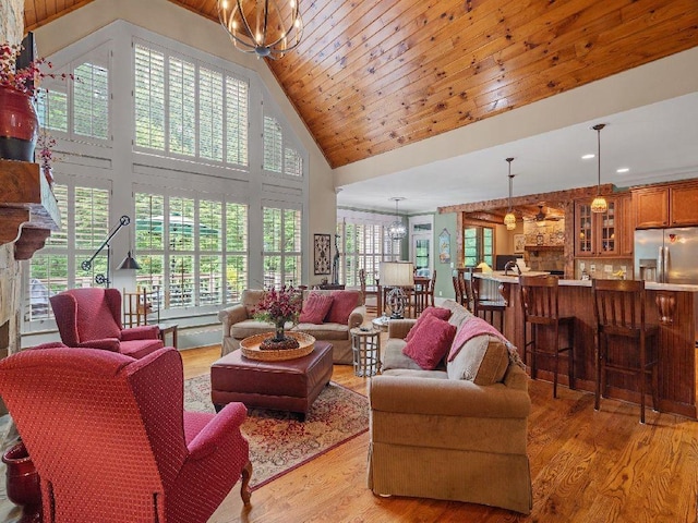 46 Bee Balm Way, Big Canoe, GA 30143 - living area featuring a chandelier, high vaulted ceiling, light wood-style floors, and wooden ceiling