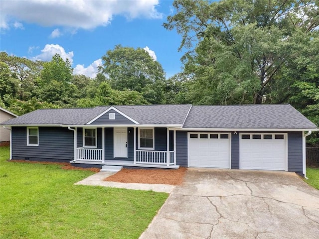 4720 Hull Rd, Conyers, GA 30094 - ranch-style home featuring a garage, a porch, a front lawn, concrete driveway, and roof with shingles