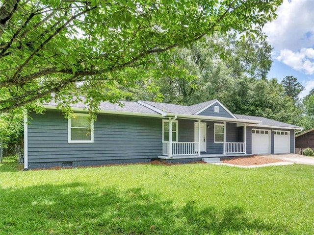 4720 Hull Rd, Conyers, GA 30094 - ranch-style home with covered porch, an attached garage, a front lawn, and concrete driveway