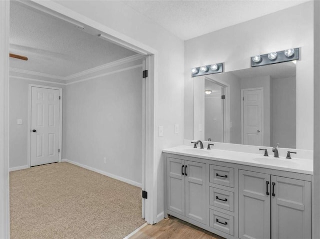 4720 Hull Rd, Conyers, GA 30094 - bathroom featuring a textured ceiling, double vanity, and ornamental molding