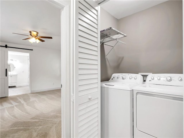 644 Albert St NW, Atlanta, GA 30318 - laundry area featuring washing machine and dryer, a ceiling fan, a barn door, and carpet