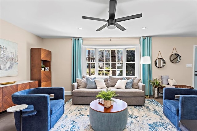 living area with recessed lighting and ceiling fan