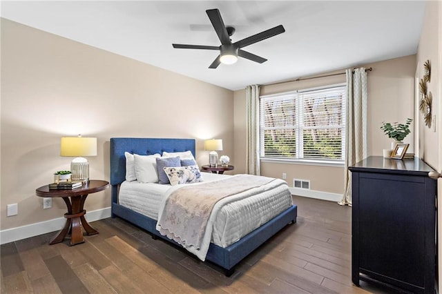 bedroom with dark wood-style floors, visible vents, and baseboards