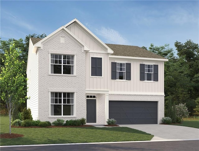 view of front of house featuring a garage, brick siding, concrete driveway, a front lawn, and board and batten siding