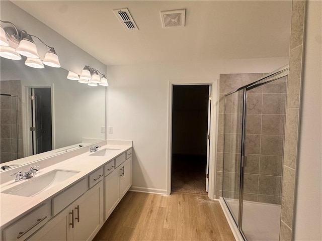 bathroom with visible vents, a sink, and a shower stall