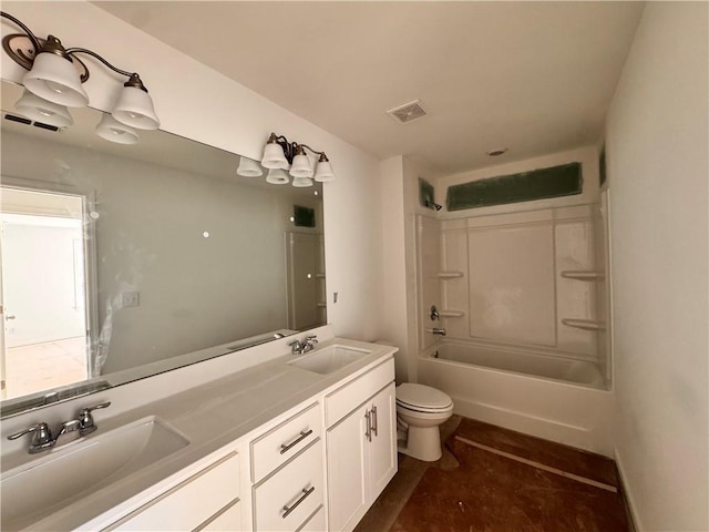 full bathroom featuring shower / tub combination, vanity, toilet, and tile patterned floors